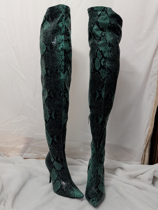 Azalea Wang Shoes - Green Snake-Print Thigh High Heeled Boots